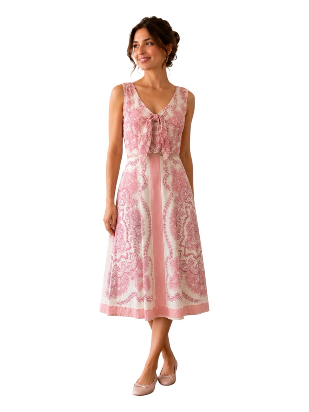 April Cornell Vintage Midi Dress Scarf Print Pink White Embellished Medium‎ Y2K